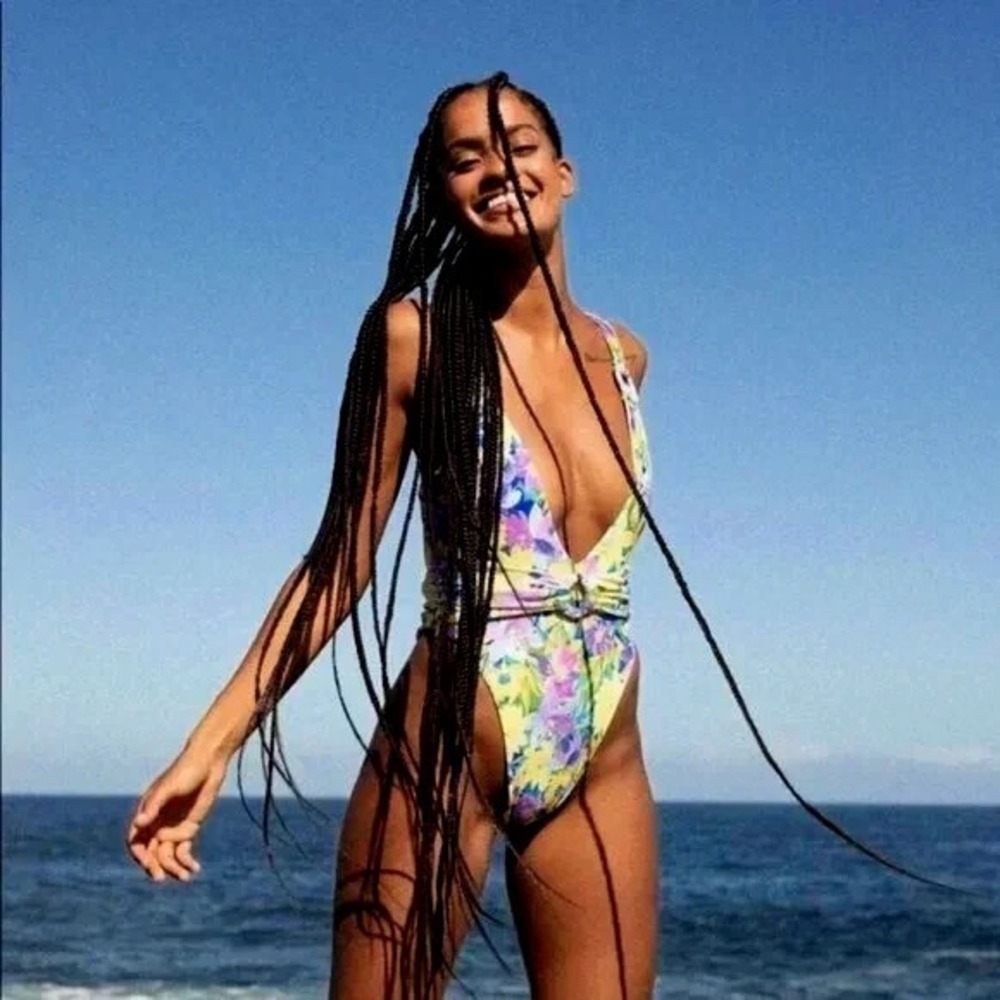For Love & Lemons One Piece‎ swimsuit size L Sunny Neon Daffodil retro plunge